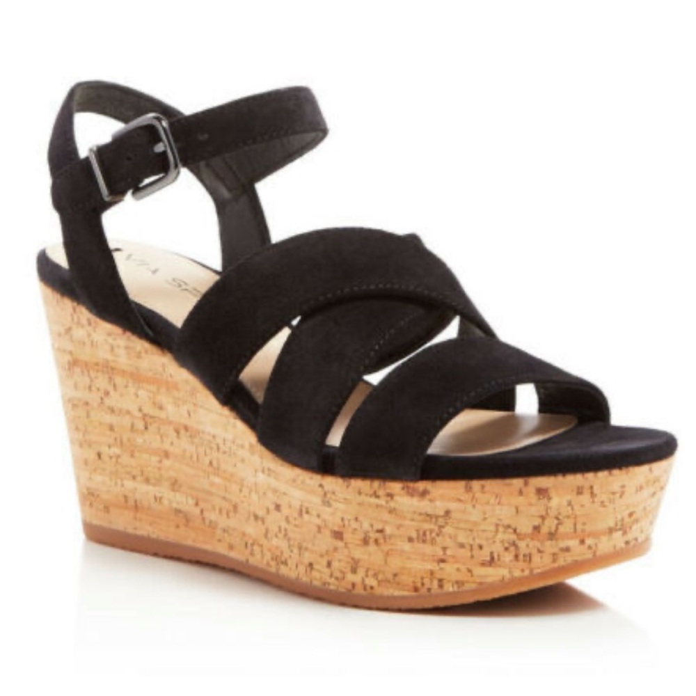 Via Spiga Kendall Platform Wedge Black Suede Sandals. NEW! Sz 7.5.